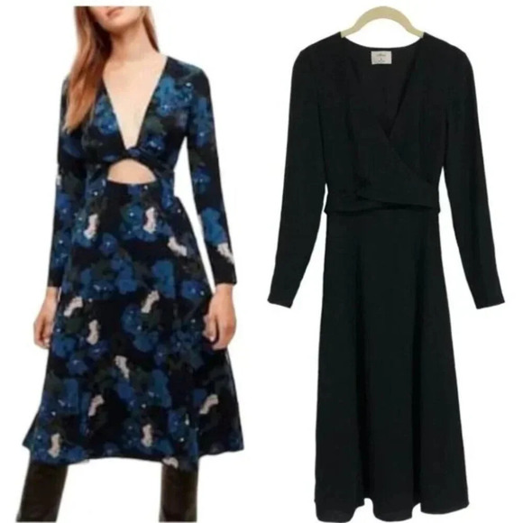 Aritzia Wilfred Aubagne Wrap Tie Front Midi Longsleeve Dress NWT Black Size 6 - Picture 1 of 8